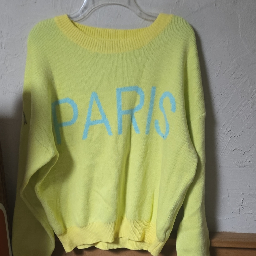 Fashion Nova Yellow Sweater with Blue 'PARIS' Design